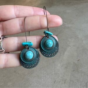 Raw Turquoise Bohemian Dangle Earrings, Round, Multi Layer, Filigree